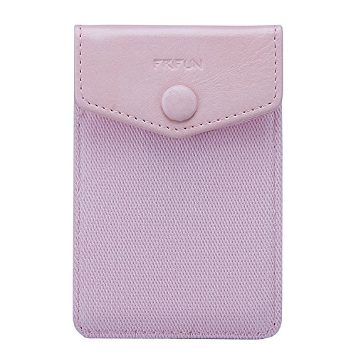 FRIFUN card holder for back of phone with snap Ultra-Slim Self Adhesive Phone Wallet Stick on Cell Phone Android All Smartphones RFID Blocking Sleeve Covers Credit Cards and Cash (Pink)