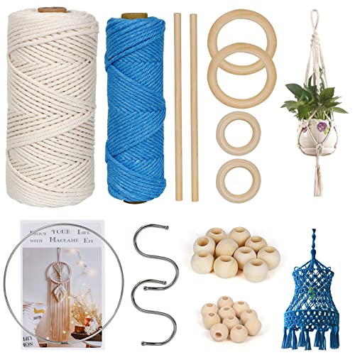 OSTWOLKE Makramee Set, Makramee Garn 3mm x 150m, BaumwollKordel Macrame Garn für Makramee Wandbehang, Mit Holzperlen, Holzdübel, Holzringe und Metallringe(Beige Blau) Cover