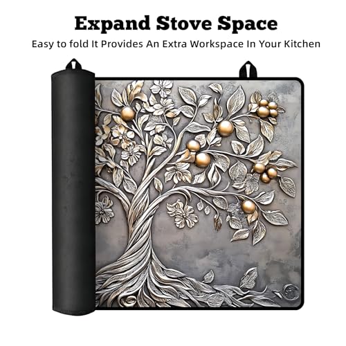 Image of Multi-Design Stove Top Cover for Glass /Electric Stoves - 3-in-1 Heat-Resistant Protector Mat, Non-Slip Drying Rack 28 inchx20 inch (Silver Fruit Tree, 28 inch L x 20 inch W)