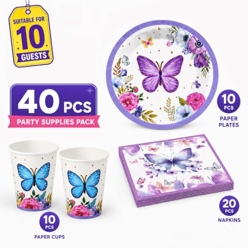 Image of Rozi Decoration Butterfly Theme Party Tableware Set | 40 Pcs Disposable Party Supplies Combo with 10 Plates, 10 Cups, 20 Napkins | Floral Purple Butterfly Decoration Kit for Birthday Celebration