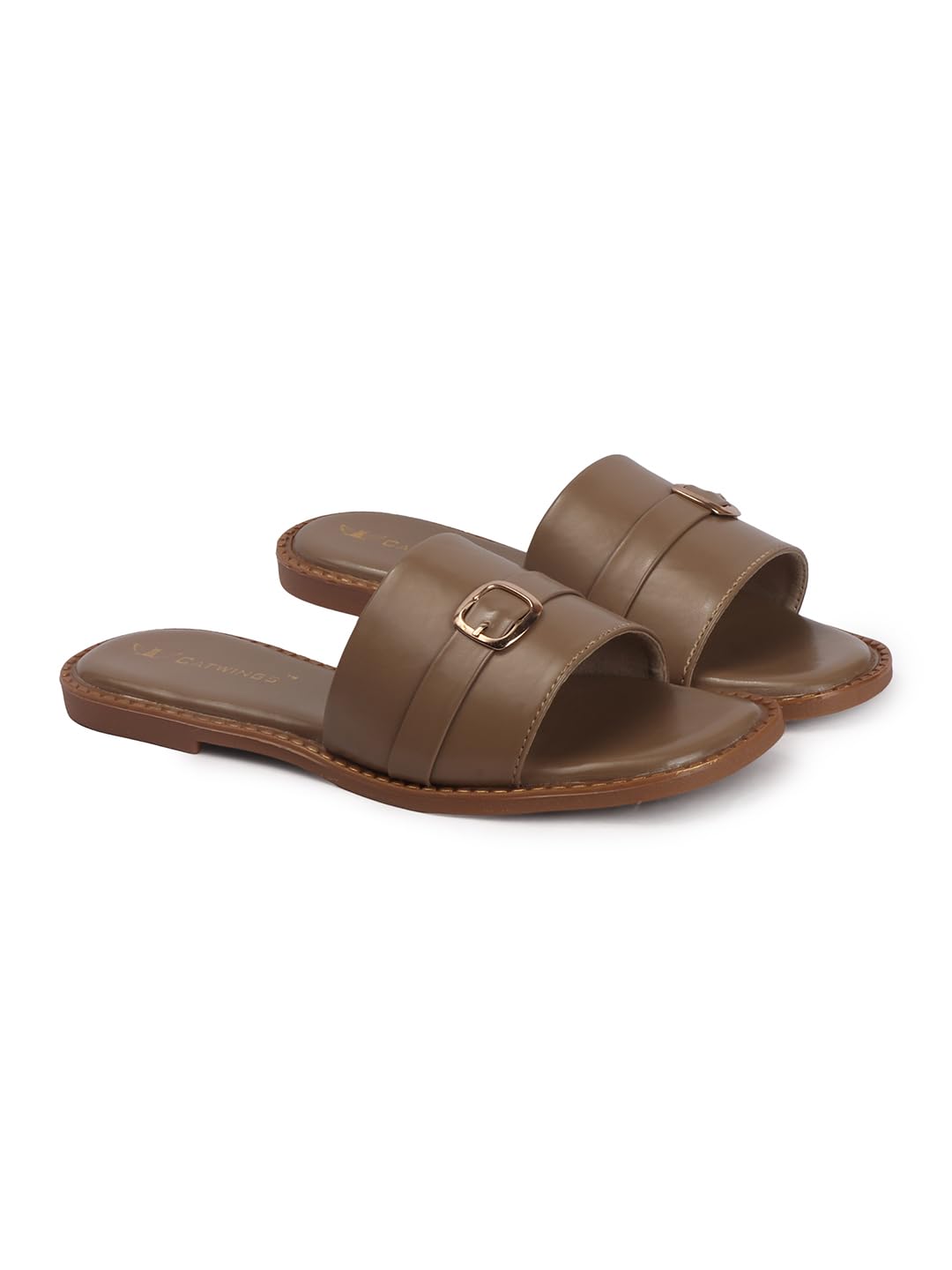 Women's White Flat Slide Sandals with Gold Buckle-image-20