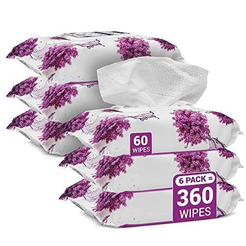 Herb & Luxe Face Wipes, Flip-Top Makeup Remover Facial Cleansing Wipes with Aloe Vera for Sensitive, Oily, dry Skin, Face/Hands/Body, Women/Men, 60 Count, Lavender (Pack of 6 = 360 Wipes)