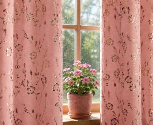 Image of Velvet Golden Foil Flower Pattern Curtains 5 Feet Long Pack of 1, Pink