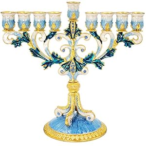 Thedreidelcompanyenameledmetalmenorahwithjeweledaccentshandpaintedenamelmenorahbluewhitegoldgreen Urban Country Home Decor The dreidel company enameled metal menorah with jeweled accents hand painted enamel menorah bluewhitegoldgreen urban country home decor