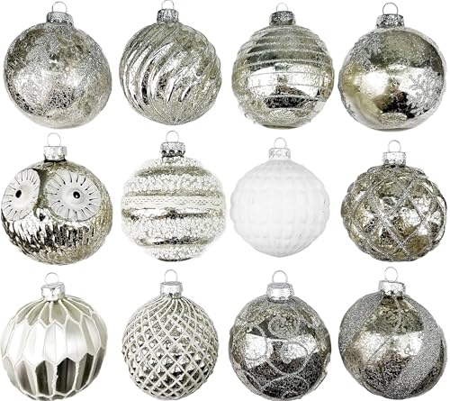 12er Set Luxus Weihnachtskugeln Echtglas Glaskugeln Weihnachten weihnachtsdeko Christbaumkugeln Set B 8 cm Silber