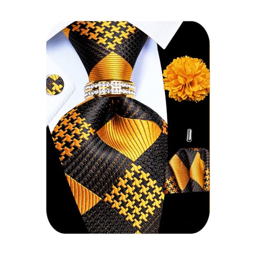 Image of 5PCS Mens Silk Tie, Pocket Square, Cufflinks, Drilled Tie Ring and Lapel Pin Set for Wedding Groom Party