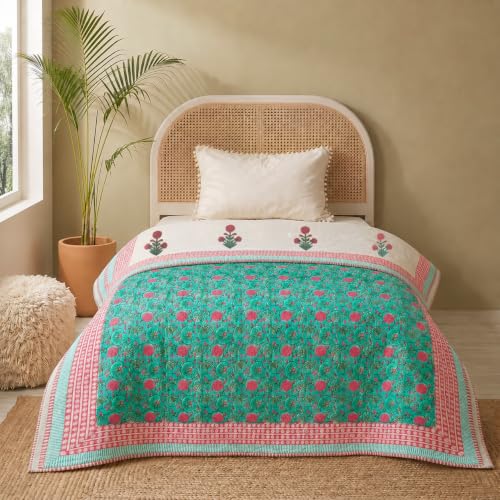 Image of Peepul Tree Hand Block Printed 100% Cotton Malmal AC Comforter 60x90 Inches, Best for Summers Lightweight, Soft, Breathable & Reversible AC Blanket for Single Bed, Floral White & Blue