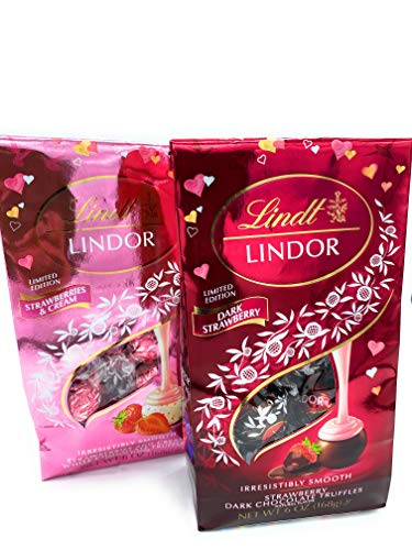 Lindt Lindor Valentine's Day Bundle (2 Pack) - White Chocolate Strawberry Cream & Dark Chocolate Covered Strawberry