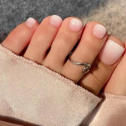 MouyouGlow 24 Stück Fake Zehennägel Fußnägel zum Aufkleben Kurz Squared Rosa Ombre Weiß Pink Verlauf White Künstlich Toe Nails Full Cover Fuß Press on Nails mit KleberArtificial Toenails