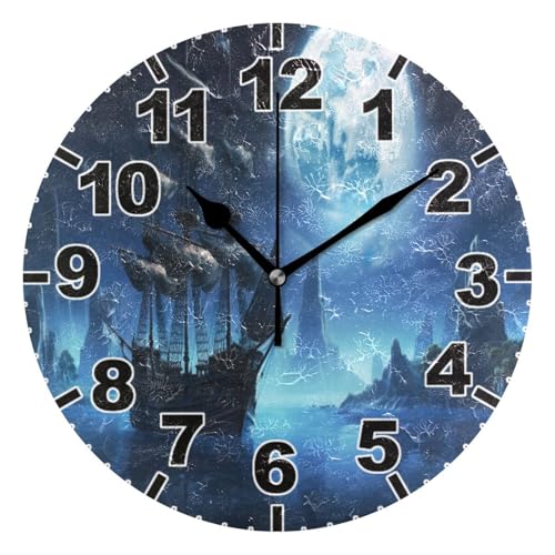 Moderno Reloj Cocina Pared 25Cm, Barco Pirata Relojes Redondo Sin Tictac, Números Reloj De Pared Redondo, Oficina, Dormitorio, Oficina