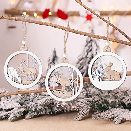 Springflower 6Pcs Wooden Christmas Farmhouse Rustic Ornaments, Wooden Hanging Ornaments Set For Christmas Tree Decorations, 3-Layer Carving Wooden Hanging Crafts, Gift Tags Pendants,3.8" Diameter #TOP2
