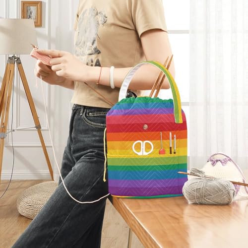 Image of ElliTarr Crochet Bag Yarn Bag with Handle Portable Knitting Project Bag Travel Yarn Storage Organizer Holder Case Rainbow Color Stripes