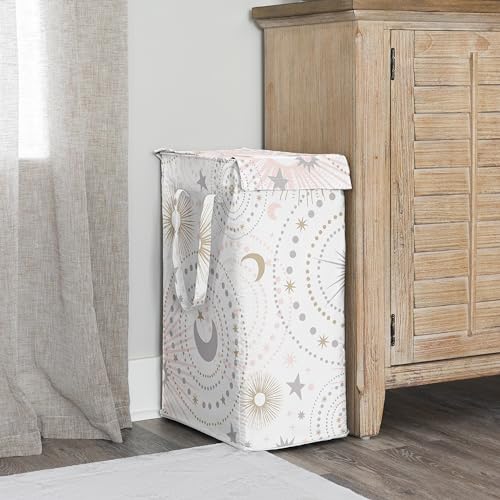 Image of Sweet Jojo Designs Blush Pink Gold Star and Moon Girl Laundry Hamper Foldable Dirty Clothes Basket with Handles for Baby Nursery Kids Bedroom Teen Bathroom - Grey Celestial Sky Stars Gray Shabby Chic