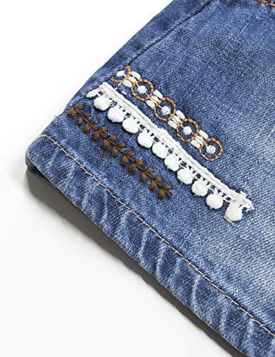 Image of KIDSCOOL SPACE Baby Little Girls Fox Flowers Embroidered Lace Denim Overall Dress