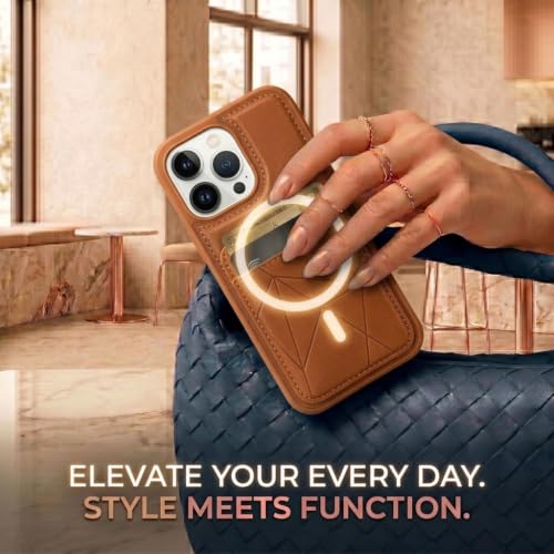 Image of amazon basics Premium Vegan Leather Back Cover with Card Holder and Integrated Mobile Stand for iPhone 13 Pro Max - Slim Shockproof Wallet Case with Geometric Stitching [Tan]