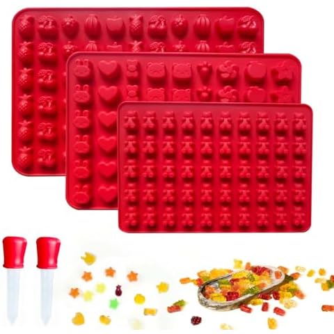 SOV Silicone Gummy Candy Molds with 2 Droppers, 3PCS Mini Silicone Chocolate Molds Including Fruit,Vegetables and Small Hearts Shapes for Making Gummy, Candy, Chocolate and Small Ice Cubes Cover