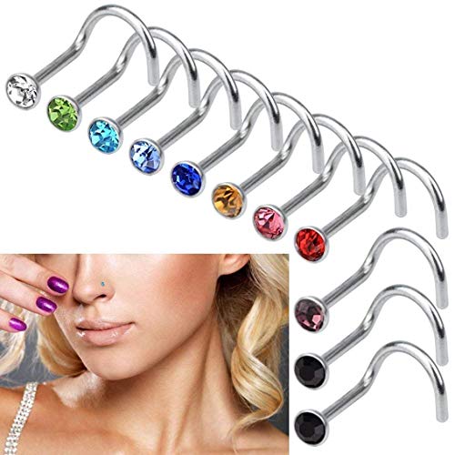 Lumanuby Set de 30 Piercings de Nariz Nose Pin,Acero Titanium pedrería, Hipoalergénico sin sustancias nocivas,tamaño pequeño, Finos, Abiertos, 20 Combinaciones de Colores