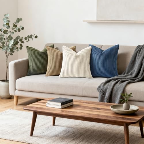 Image of Mecatny Corduroy Decorative Throw Pillow Covers 22x22 Set of 2 for Sofa Living Room, Soft Neutral Boho Couch Pillow Covers for Home Decor, Navy Blue