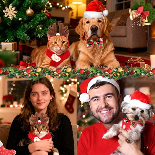 4 Stück Weihnachten Hundekostüm Haustier Weihnachtskostüm Accessoires Set für Hunde Katzen Rotes Weihnachtsmann Hut Hirschgeweih Stirnband Fliege Schal für Kleine Hunde Katzen Haustier