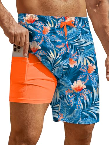 Hardaddy Men's 2 in 1 Swim Trunks with Compression Liner Beach Board Shorts with Pockets Navy Blue XL