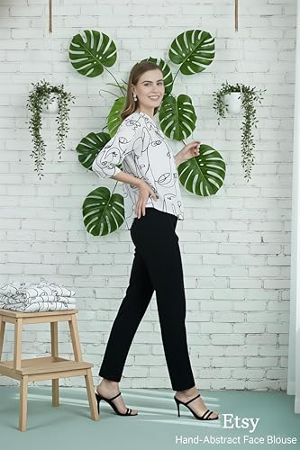 Image of Women Abstract Printed White V Neck Top, Three Quarter Sleeve, Regular Fit, Casual Office Wear