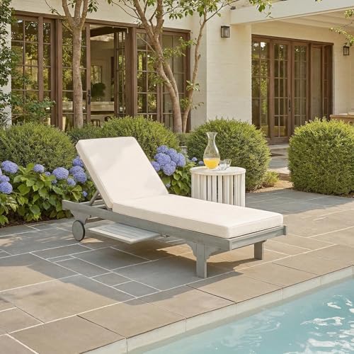 Image of SAFAVIEH Outdoor Collection Newport Grey / Beige Cushion Built-in Side Table Adjustable Chaise Lounge Chair