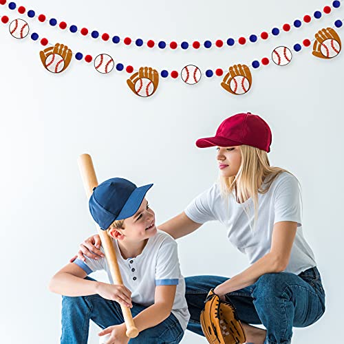 Image of Tatuo 3 Pieces Baseball Pompom Garland Sports Theme Banner Blue Red White Felt Ball Baseball Glove Hanging Garland for Sports Birthday Party Decor 8.2 Feet
