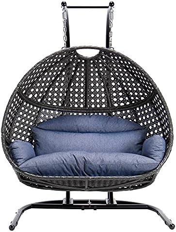 Double Egg Chair with Stand, 2 Person Heavy Duty Hanging Wicker Rattan Swinging Chair Hammock Nest Chair for Indoor Outdoor Patio Lounger Swinging Loveseat Perfect for Balcony Garden - Dust Blue