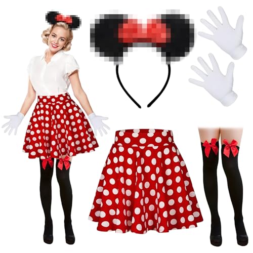 Meanju Mouse Faschingskostüme Damen Mit Weiß Gepunktet Pailletten Haarreifen+Faltenrock+Overknee Strümpfe+Handschuhe Für Kostümparty, Fasching,...