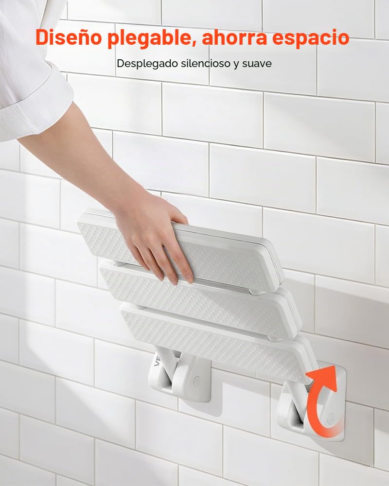 VEVOR Asiento de Ducha Abatible de PP, Silla de Ducha Plegable Montaje en Pared con Marco de Aleación de Aluminio, Taburete de Baño con Capacidad de Carga de 100 kg, para Adultos, Mayores, Blanco