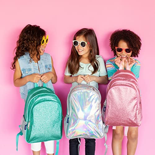 Image of Wildkin 15 Inch Backpack for Kids, Pink Glitter | Ages 5-10, padded straps, side water bottle pocket - coordinates with matching Wildkin lunch boxes