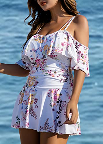 Image of COCOPEAR Women's One Piece Flounce Swimsuit Off Shoulder Bathing Suit Tummy Control Swimdress(FBA)