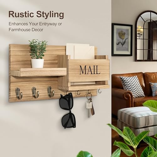 Wall-Mounted Mail Organizer with Key Holder & Shelf – Includes Letter Holder & Hooks – Stylish Home Decor for Entryway, Hallway, or Office – Complete with Mounting Hardware