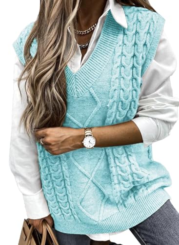 Image of EVALESS Oversized Sweater Vest for Women V Neck Sleeveless Cable Knit Tops