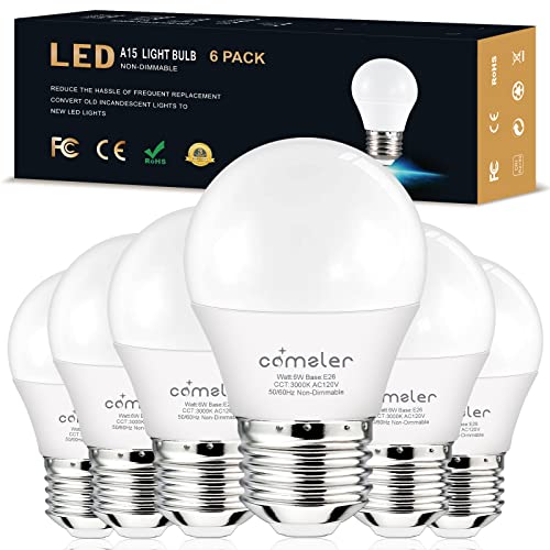 comzler E26 LED Ceiling Fan Light Bulbs 3000K Soft Warm White, 60 Watt Equivalent Light Bulbs, A15 LED Refrigerator Light Bulb, E26 Base Small Light Bulb, Eye Protection, 120V, 600LM, CRI 85+, 6 Pack comzler E26 LED Ceiling Fan Light Bulbs 3000K Soft Warm White, 60 Watt Equivalent Light Bulbs, A15 LED Refrigerator Light Bulb, E26 Base Small Light Bulb, Eye Protection, 120V, 600LM, CRI 85+, 6 Pack