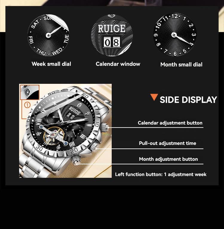 Rear view of the RUIGE A3 Automatic Mechanical Watch, showing the transparent case back and automatic movement.