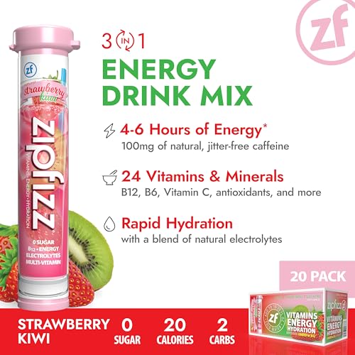 Image of Zipfizz Daily Energy Drink Powder, Strawberry Kiwi, 20 Pack | 3-in-1 Sustained Energy, Rapid Hydration, and Essential Vitamins | Sugar-Free | Electrolyte Powder | Contains Vitamin B-12 & Antioxidants