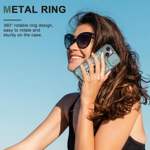 Image of Polycarbonate Back Cover Case Compatible for Apple iPhone 15 with Slide Camera Cover & Rotated Ring Kickstand | Military Grade Mobile Phone Cover Case for Apple iPhone 15 (Green)