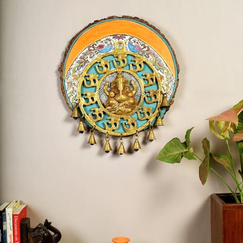 Image of AAKRITI ART CREATIONS Aum Ganesha Wall Hanging, Handcrafted Wooden Decor with Om Symbols and Bells, Dhokra Art Set of 1, Multi Color | Matte Finish Mango Wood | Living Room, Bedroom, Office