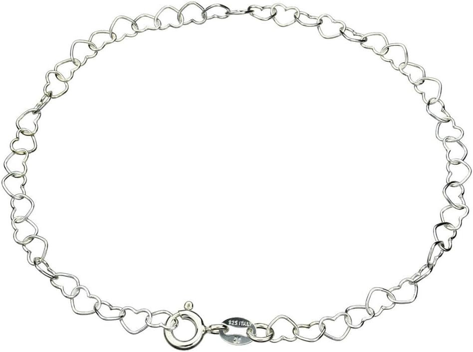 Joyful Creations Sterling Silver Heart Link Nickel Free Chain Bracelet Anklet Italy Adjustable