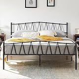 VECELO Marco de cama de plataforma de metal tamaño matrimonial de 14 pulgadas con cabecero vintage, base de colchón, no necesita somier