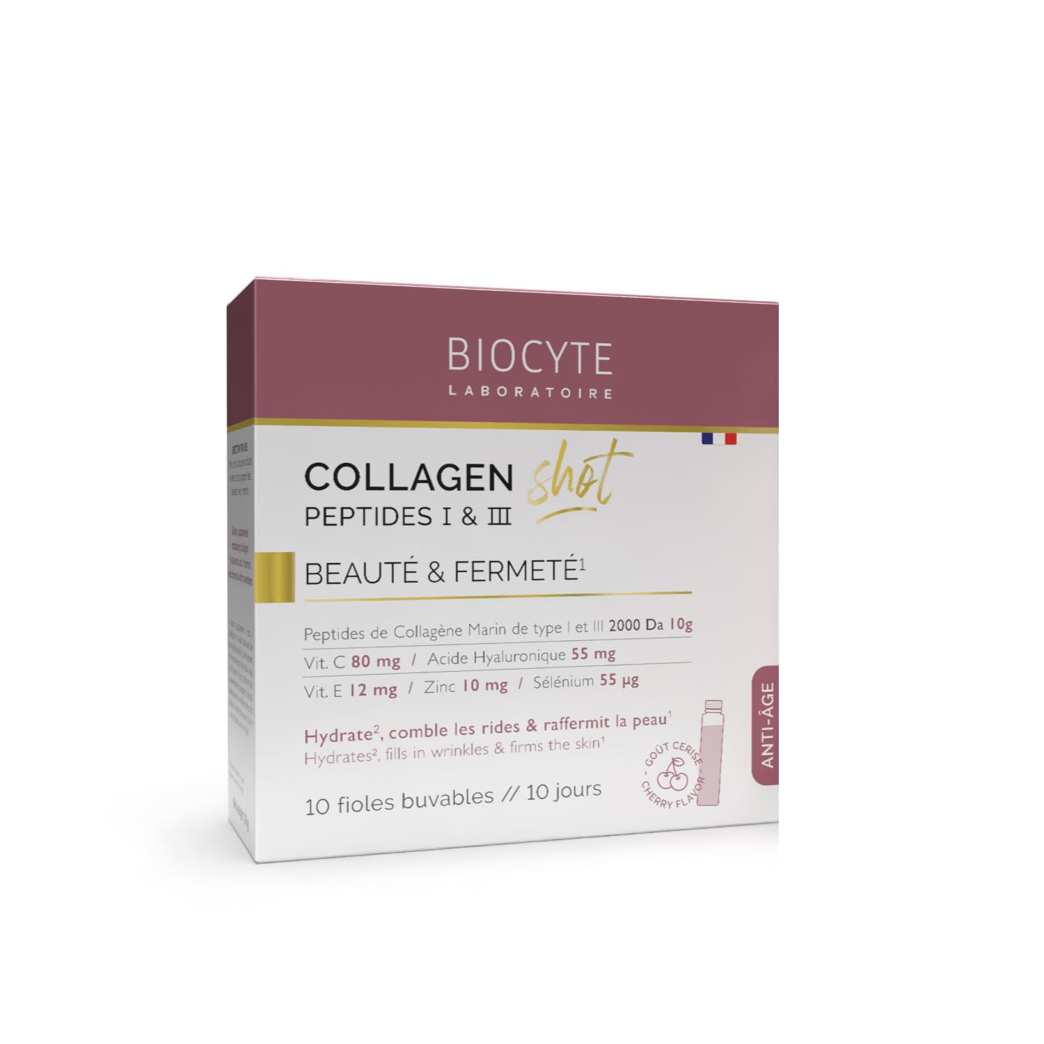 BIOCYTE Collagen Shot – Hidrata, rellena las arrugas, tonifica la piel – Complemento alimenticio de colágeno marino, ácido hialurónico, vitamina C y E, zinc – 1 vial al día – Programa 10 días