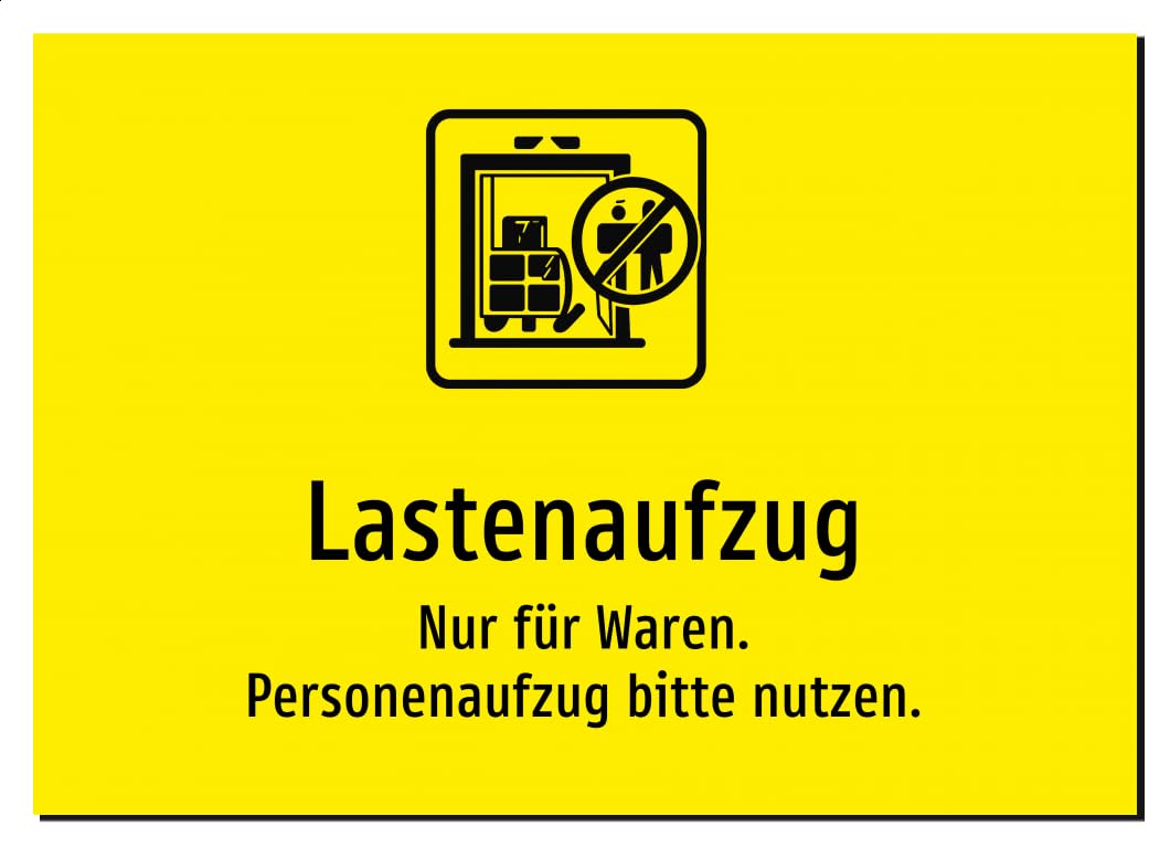 Lastenaufzug - Nur für Waren. Personenaufzug bitte nutzen. – Aluminiumschild A2: 594x420mm – Mit Grafik und Text