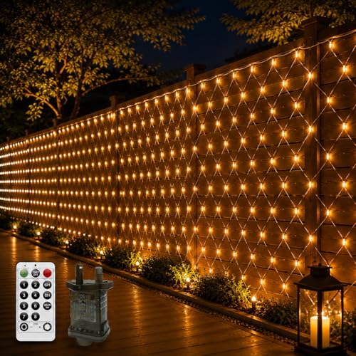 3M X 2M Net Lights Outdoor Mesh Net Lights for Bushes Plug in 200LED Outside Garden Tree Light Balcony Fence Fairy Light Waterproof Connectable with Remote for Gazebo Curtain(Warm White)