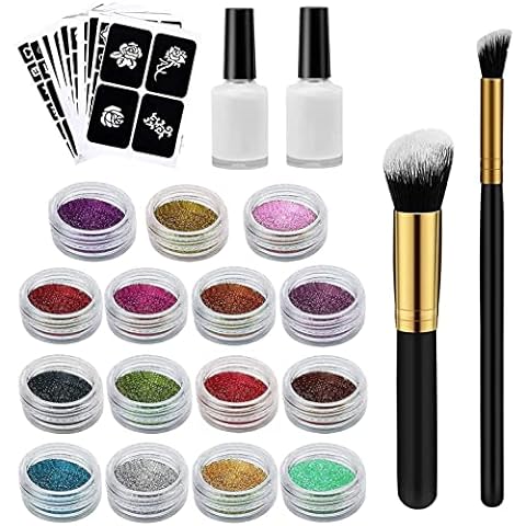 Glitter Tattoos Kit Xpassion Temporary Tattoo Make Up Body Nail Glitter Art Design for Girls Kids Teenager Adult, with 15 Colors of Glitter, 48 Sheets Unique Tattoo Stencil, 2 Glue, 2 Brushes Cover