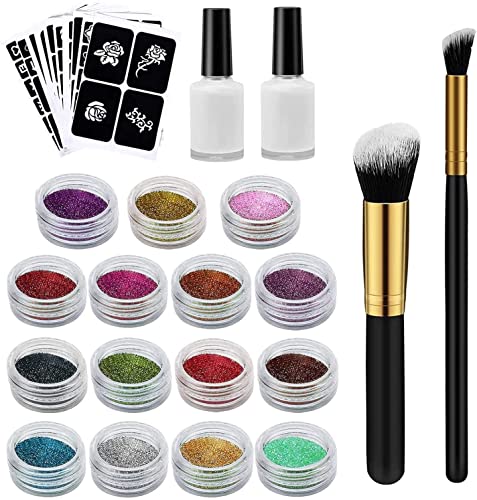 Tattoo-Kit Xpassion Temporäre Glitzer Tattoo Make Up Körper Glitzer Kunst Design für Kinder Teenager Erwachsene, mit 15 Farben der Glitzer, 48 Blatt Einzigartig Themed Tattoo Schablone Cover