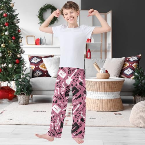 Boy's Pants Pink Music Guitar Pattern Jogger Pants Elastic Waist Long Bottoms Trousers with Pockets 6-14 Years2