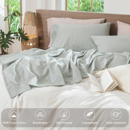 Image of MooMee Striped Sheet Set 100% Washed Cotton Linen Like Cal King
