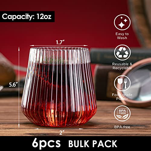 6 Pack Disposable Stemless Wine Glasses, 12 Oz Plastic Wine Cups, Eventpartener Origami Style Unbreakable Wine Glasses, Whiskey Cocktail Glasses, Shatterproof Clear Drinking Glasses For Party, Wedding #TOP1