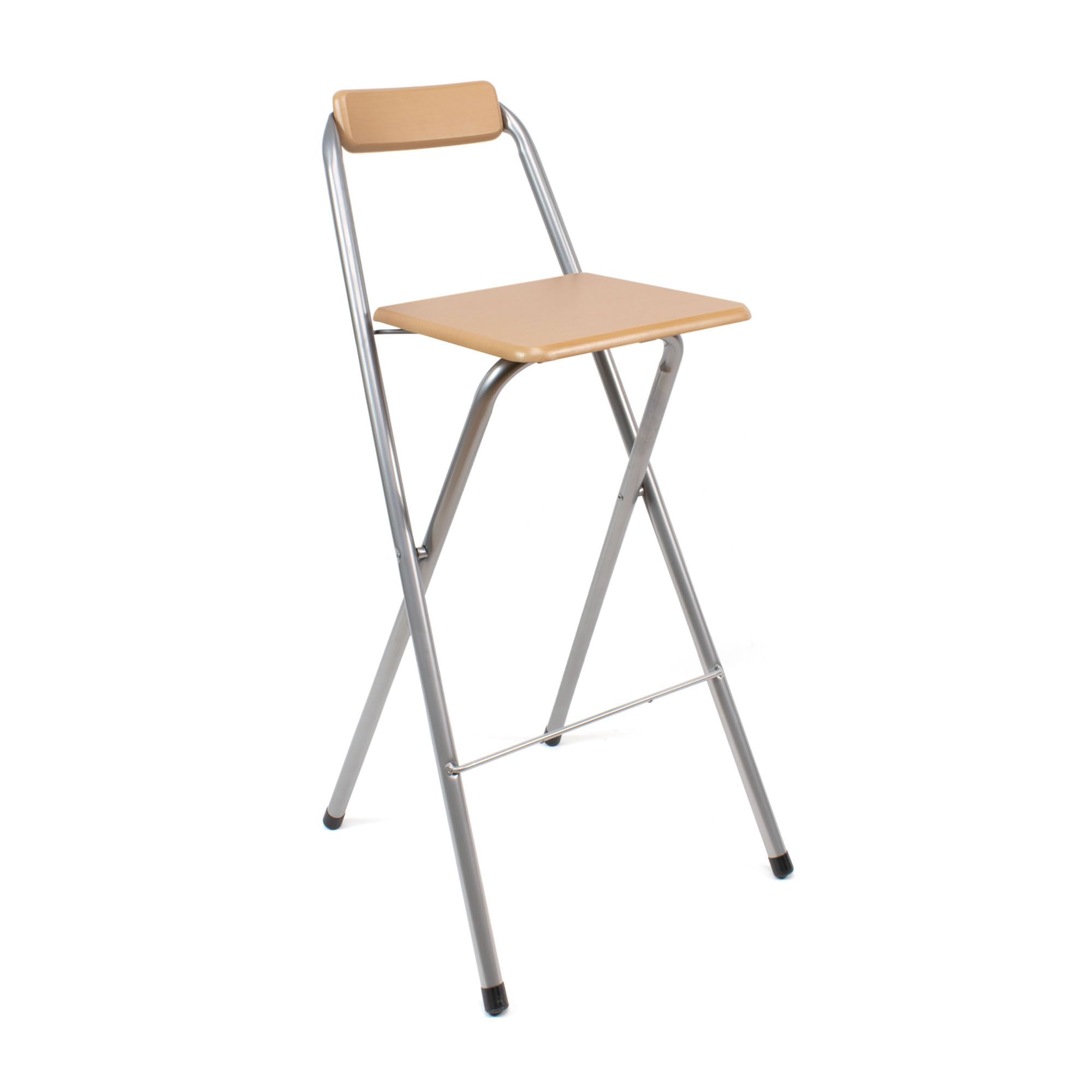 THE SECRET HOME Taburete Plegable con Respaldo - Silla Plegable de Metal y Madera - Ideal para Cocina, Terraza o Jardín (Alto. 99 cm x Largo. 49 cm - Madera Natural/Plata)